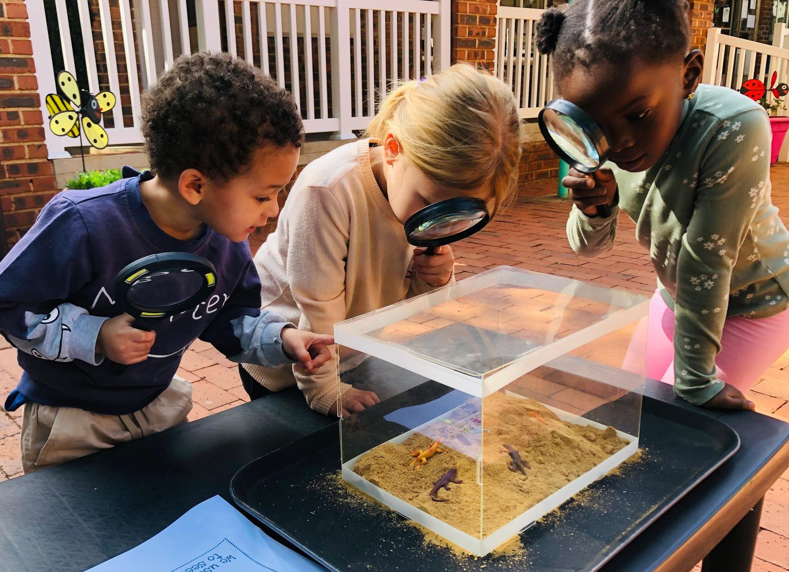 Children examining a tray of finds through magnifying glasses