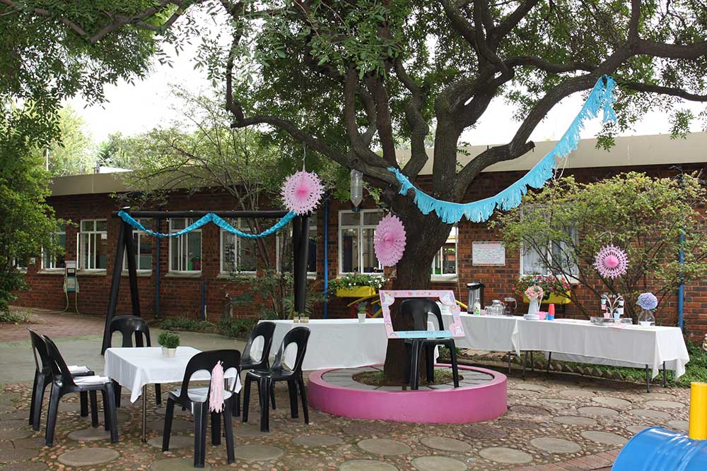 A birthday party set up in the Wonderland garden